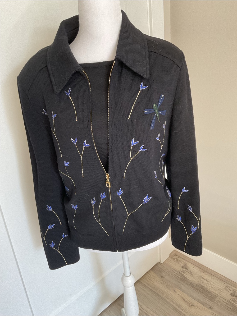 St. John Black Embroidered Zip-Front Jacket with Blue Floral Accents